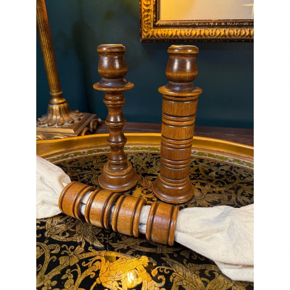 Vintage Wood Candlesticks with Hidden Napkin Rings – Set‎ of 2 8.25